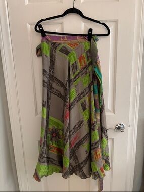 Ethnic Indian Wear Gray Skirt with Bright Green & Pink Accents